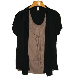 Plus size SS mock cardigan with taupe ruffle front